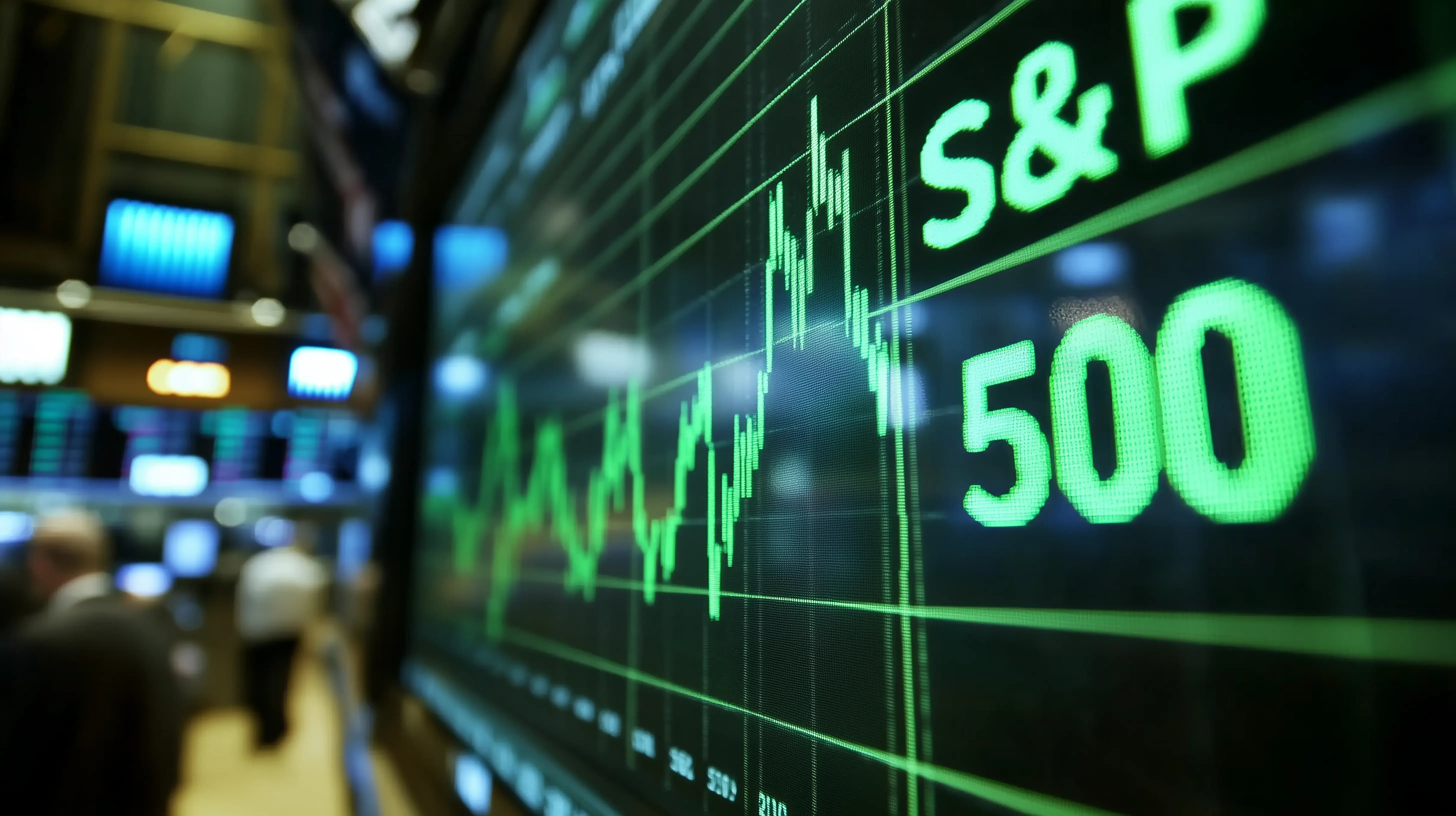 Pantalla bursátil con gráfico en verde y el texto S&amp;P 500 en primer plano.