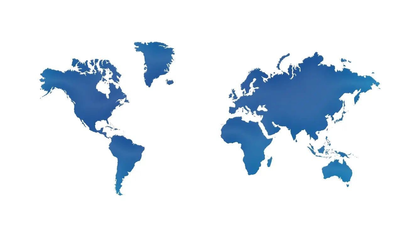 Mapa mundial en silueta azul con los continentes sobre fondo blanco
