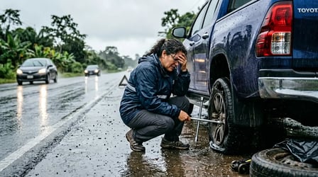 Mujer frustrada intentando cambiar una llanta ponchada de un pick-up azul en una carretera mojada bajo la lluvia, representando la necesidad de asistencia vial.