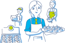 Ilustración de emprendedores en una panadería, incluyendo una mujer con bandeja de postres y personas atendiendo y horneando.