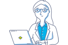 Ilustración de mujer con gafas usando una computadora portátil, representando trabajo profesional o asesoría en línea.