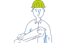 Ilustración de ingeniero con casco de seguridad sosteniendo un plano, representando planificación o supervisión de proyectos.