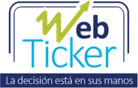 Logotipo de Web Ticker con la frase “La decisión está en sus manos” y una flecha ascendente que simboliza crecimiento financiero.