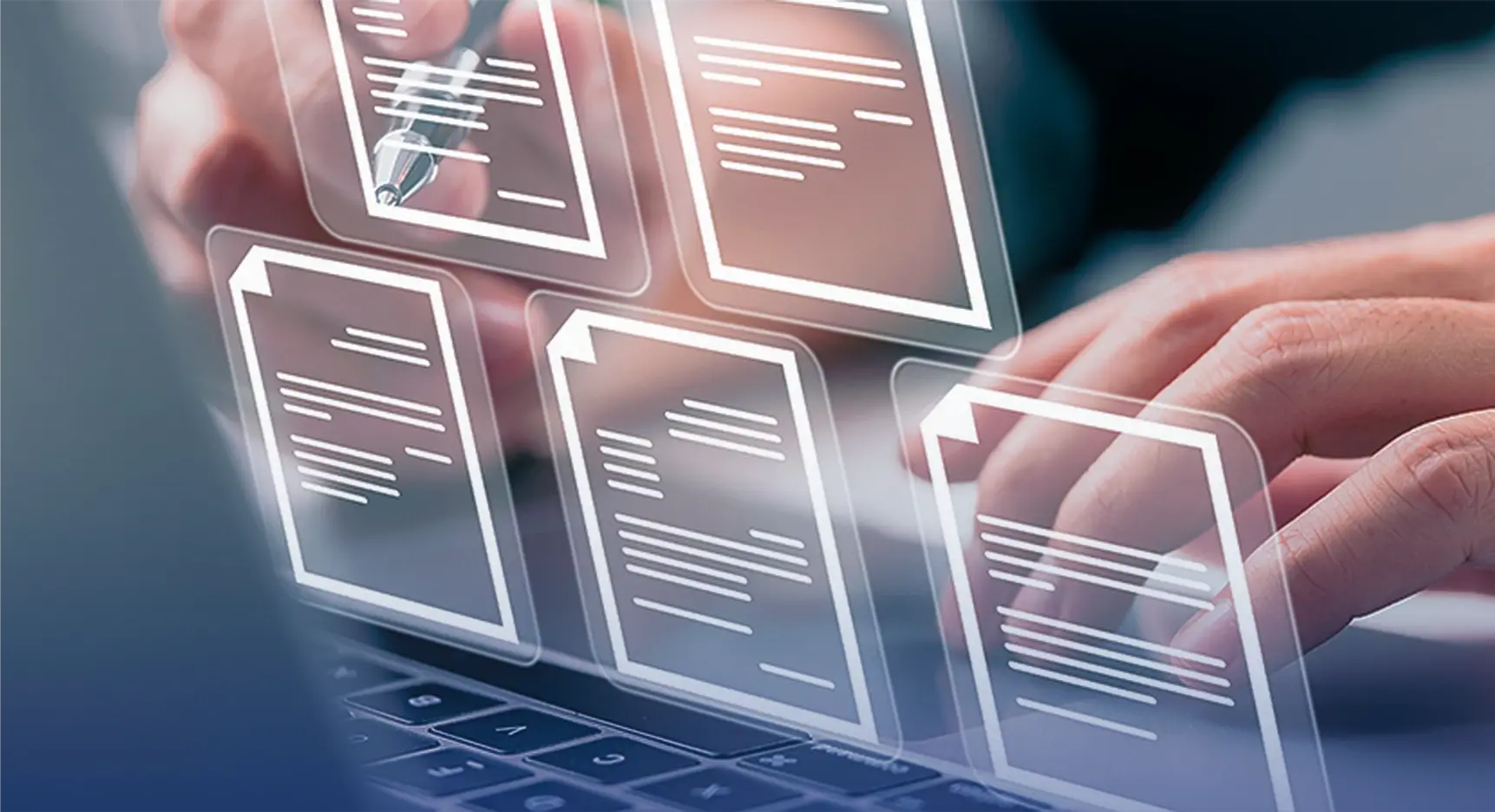 Persona utilizando una computadora portátil con iconos digitales de documentos flotando sobre la pantalla, representando gestión o firma electrónica de archivos.