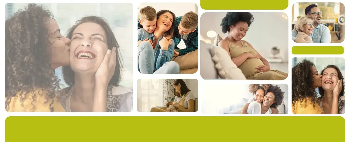 Collage de fotografías que muestran distintas expresiones de cariño hacia madres en el hogar, incluyendo abrazos, sonrisas y momentos familiares