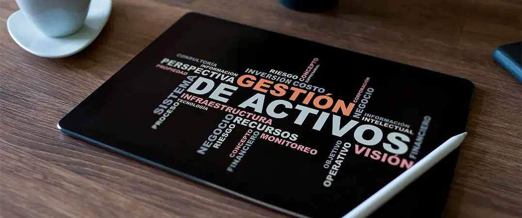 Tablet sobre escritorio con palabras relacionadas a gestión de activos, incluyendo “infraestructura”, “riesgo”, “visión” y “recursos”.
