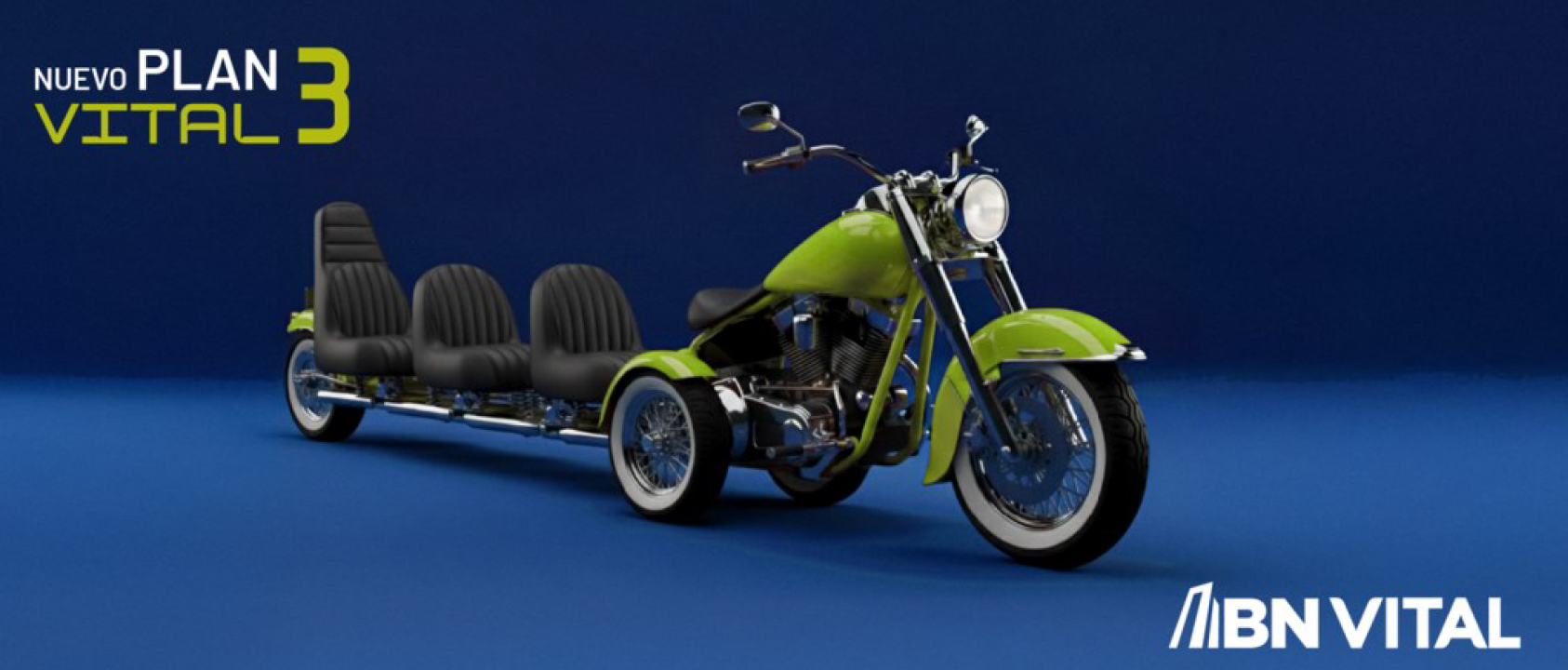 Banner del Nuevo Plan Vital 3 de BN Vital que muestra una motocicleta de tres asientos sobre fondo azul, representando la flexibilidad y seguridad de la inversión.