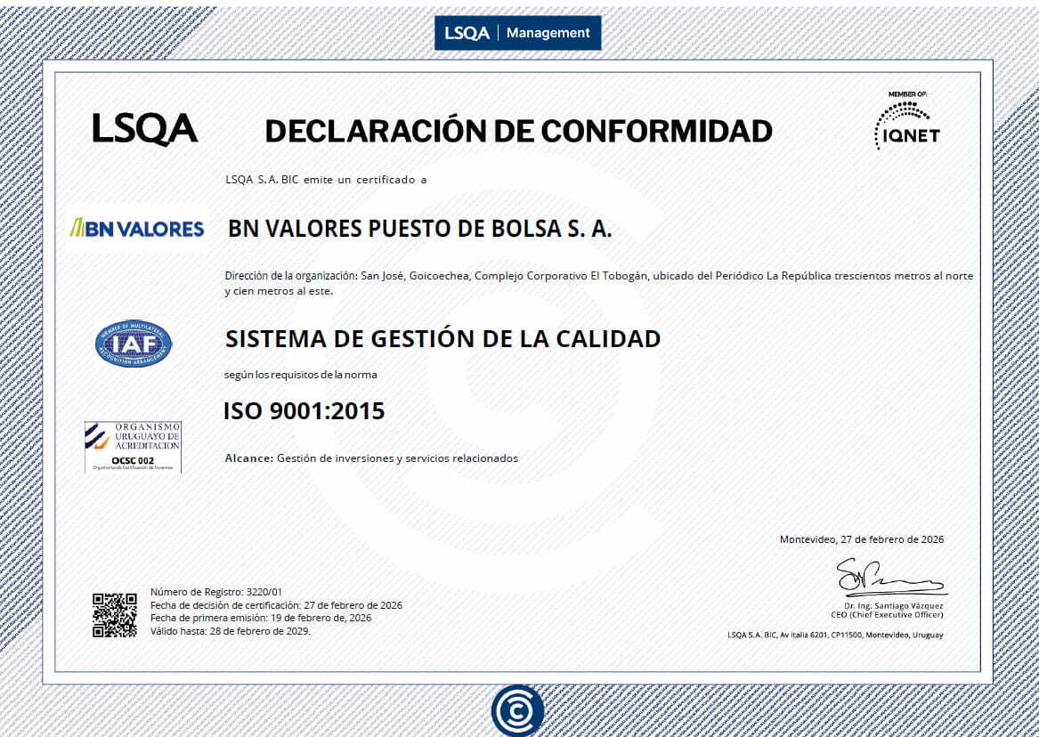 Certificado de Declaración de Conformidad ISO 9001:2015 emitido por LSQA a BN Valores Puesto de Bolsa S.A. para su Sistema de Gestión de la Calidad en gestión de inversiones y servicios relacionados.