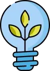 Icono de bombilla azul con planta verde en el interior