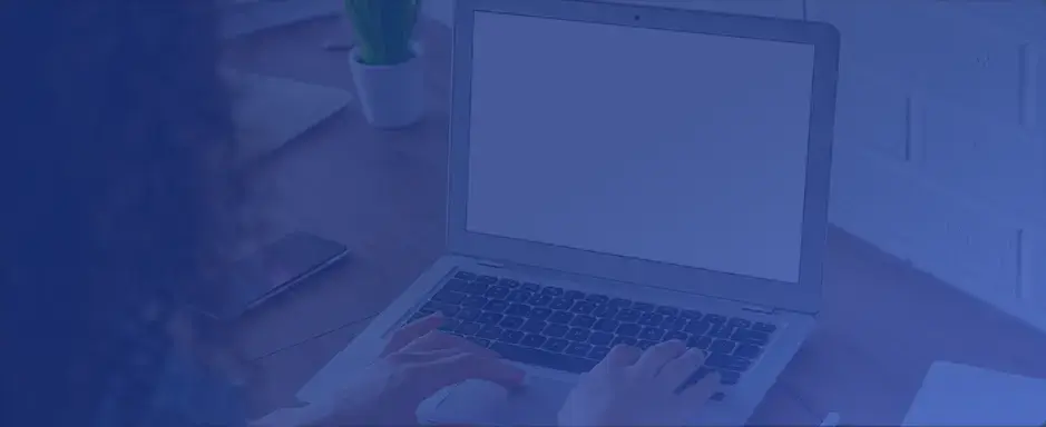 Persona utilizando una computadora portátil sobre un escritorio con teléfono y planta decorativa.