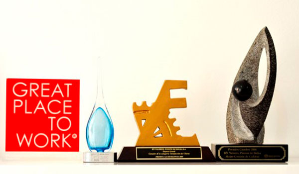 Premios y trofeos de distintas formas junto a placa Great Place to Work.